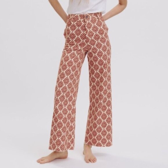 ZARA Marine Straight Jeans Wide Leg Ecru & Brick Red Print Raw Hem Size 4 - Picture 1 of 9